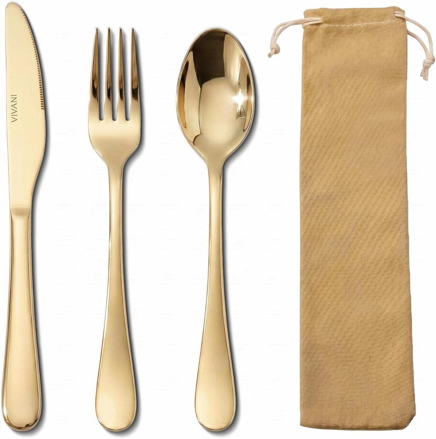 VIVANI Portable Utensils Set with Case, 3-Piece Reusable Stainless Steel Flatware Set for Travel, Camping, Lunch Box & Office, Champagne Gold Fork, Knife, Spoon with Carry Bag