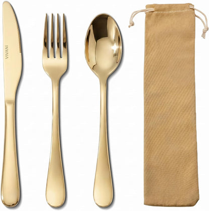 VIVANI Portable Utensils Set with Case, 3-Piece Reusable Stainless Steel Flatware Set for Travel, Camping, Lunch Box & Office, Champagne Gold Fork, Knife, Spoon with Carry Bag