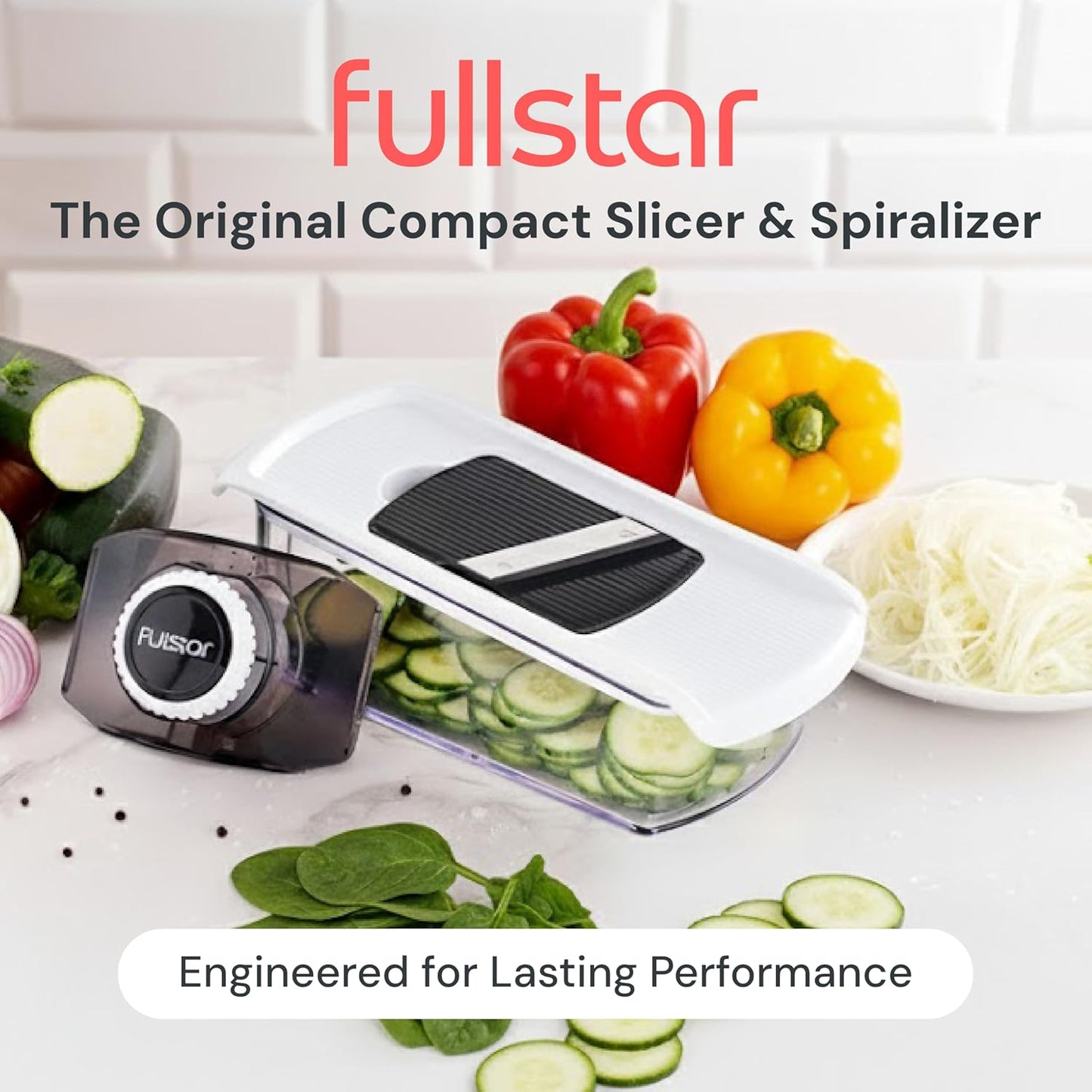 Fullstar Mandoline Slicer for Kitchen, Fruit Cutter, Cheese Grater, Cucumber Slicer, Veggie Spiralizer, Food Cutter & Kitchen Gadgets & Gifts with Safety Glove (11 in 1, White)