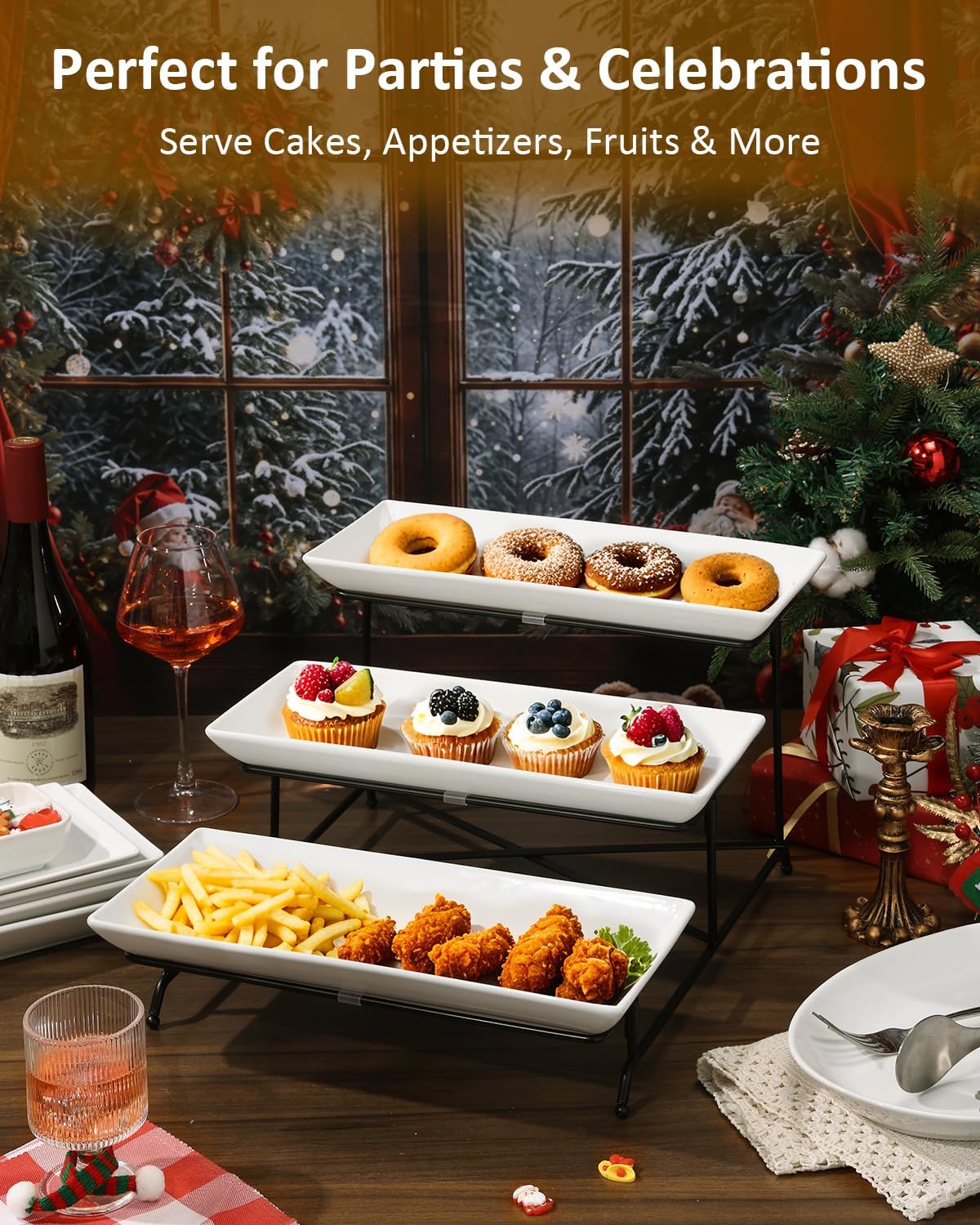 Yedio 3 Tier Serving Trays for Party, Porcelain Serving Platters and Trays, 12 Inch Tiered Tray Stand, Fruit Tray, Trays for Serving Food, White Dessert Stand with Collapsible Sturdier Metal Rack