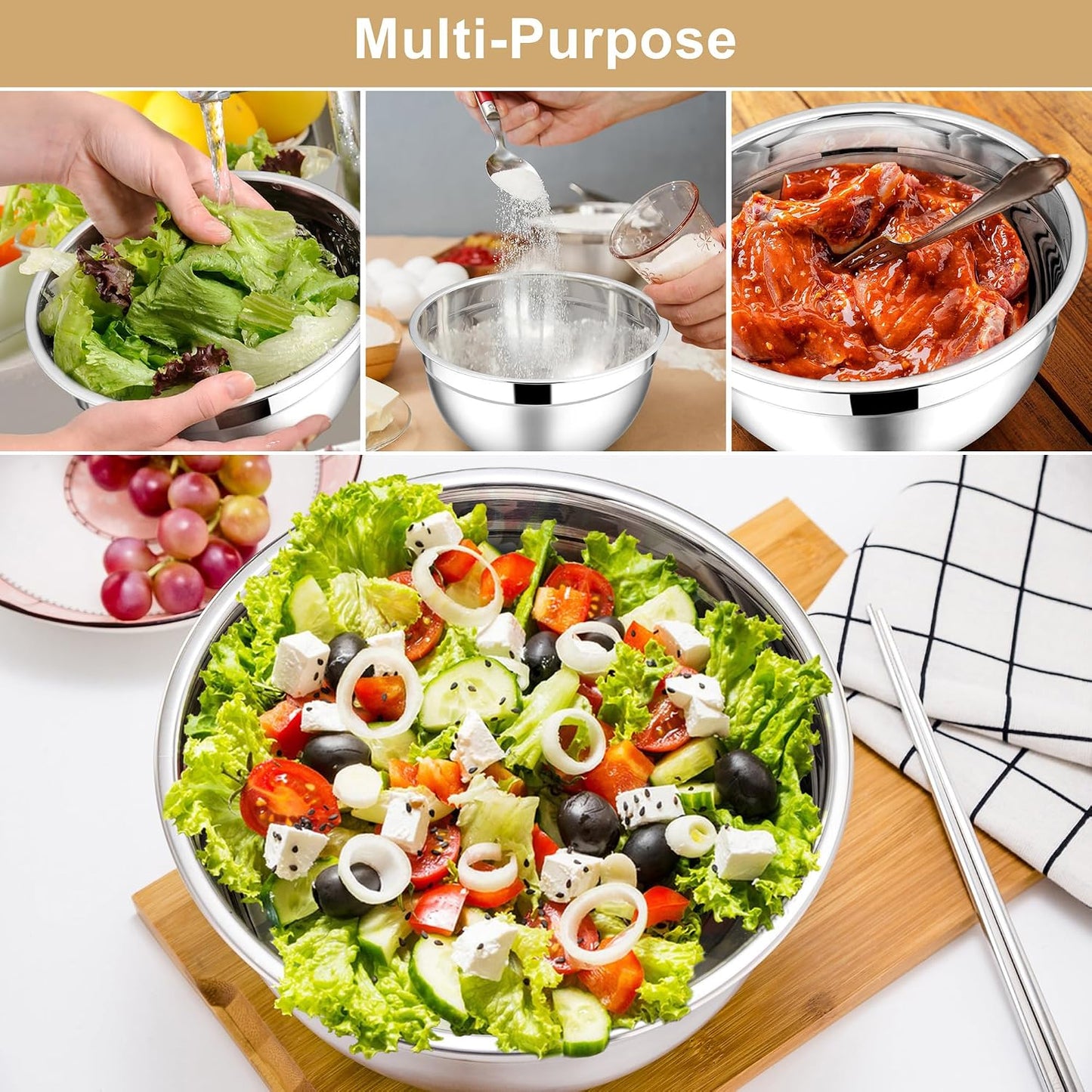 E-far Mixing Bowls With Lids Sets of 5, 10-Piece Stainless Steel Salad Metal Nesting Bowl for Baking Cooking and Prepping, Airtight Lid & Stackable Design, Size 4.6, 3, 2.1, 1.5, 0.7 QT, Black