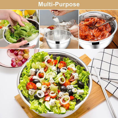 E-far Mixing Bowls With Lids Sets of 5, 10-Piece Stainless Steel Salad Metal Nesting Bowl for Baking Cooking and Prepping, Airtight Lid & Stackable Design, Size 4.6, 3, 2.1, 1.5, 0.7 QT, Black