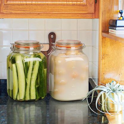 [UPGRADE] 2 Pack Square Super Wide Mouth Airtight Glass Storage Containers with Lids, 1.1 Gallon Glass Jars with 2 Measurement Marks, Canning Jars with Leak-proof Lid for Kitchen (Spare Gasket)