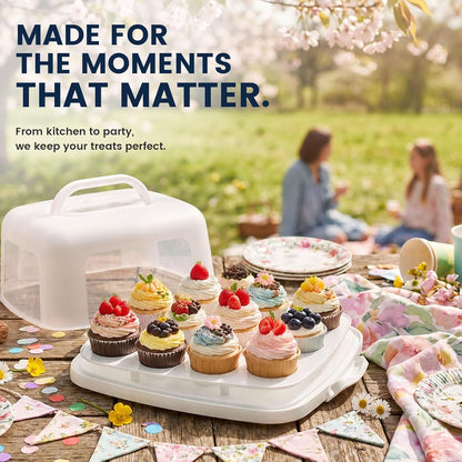 VGOODALL Cupcake and Cake Container with Lid, White Square Cake Carrier 12 Capacity Cup Dessert Holder with Handle for Pie Muffin Cobbler Family Picnics and Party Events, 3-in-1 Design