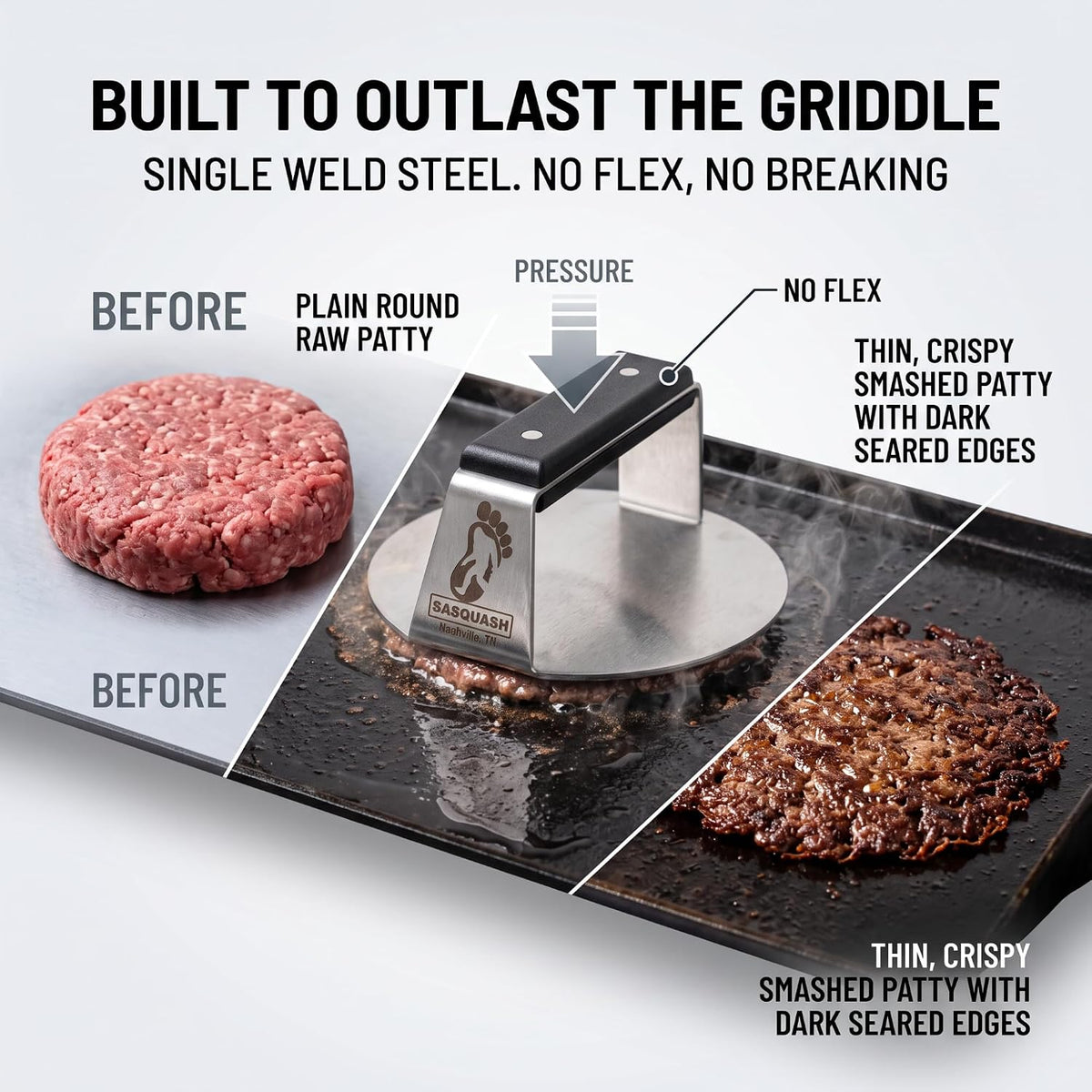 Sasquash Burger Smasher - One Piece Fully Welded Smash Burger Press, 6 Inch