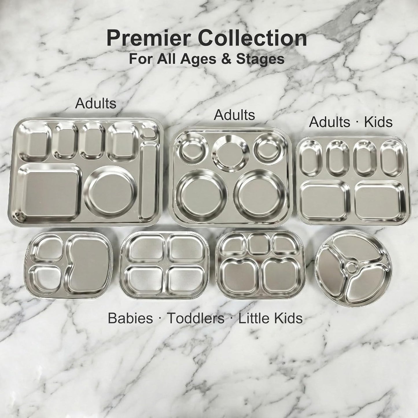 Korean Stainless Steel Divided Plates for Adults, Teens, Premium 304, Electro-Polished, No Black Residue, BPA-Free, Large 5-Compartment Food Tray, Diet Portion Control, Camping, Set of 2