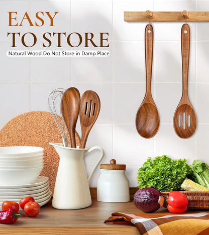 Wooden Spoons for Cooking, Premium Teak Wooden Cooking Utensils for Serving