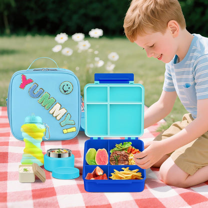 Bento Lunch Box with 10oz Soup Thermo for Kids Insulated Lunch Bag & Foldable Silicone Cup Food Leak Proof Food Container with 5 Compartment for Kid to Shool Travel