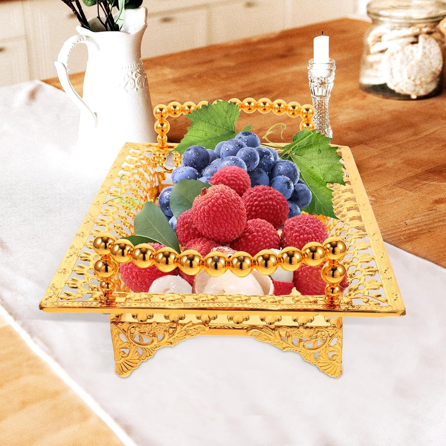 COLLBATH Nordic Style Fruit Plate with Handle 2Pc Metal Snack Serving Tray for Dried Fruits and Appetizers Elegant Gold Platter for Kitchen and Entertaining