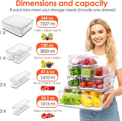 SMRCAD Fridge Organizers and Storage, 8 Pack Clear Freezer Organizer Bins with Lids for Kitchen, Pantry, Refrigerator, Food, Fruit, Vegetable Storage (8 Bins (Include Pull Out Drawer))