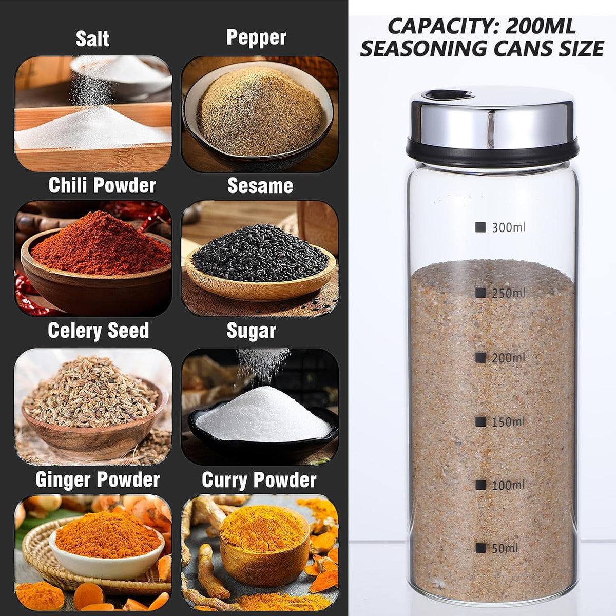 4Pcs Large Salt Pepper Shakers with Adjustable Outlet Holes Moisture-Resistant Seasoning Shakers Glass Shaker Bottles Clear Spice Seasoning Cans for Kitchen Restaurant BBQ Camping (300ML)