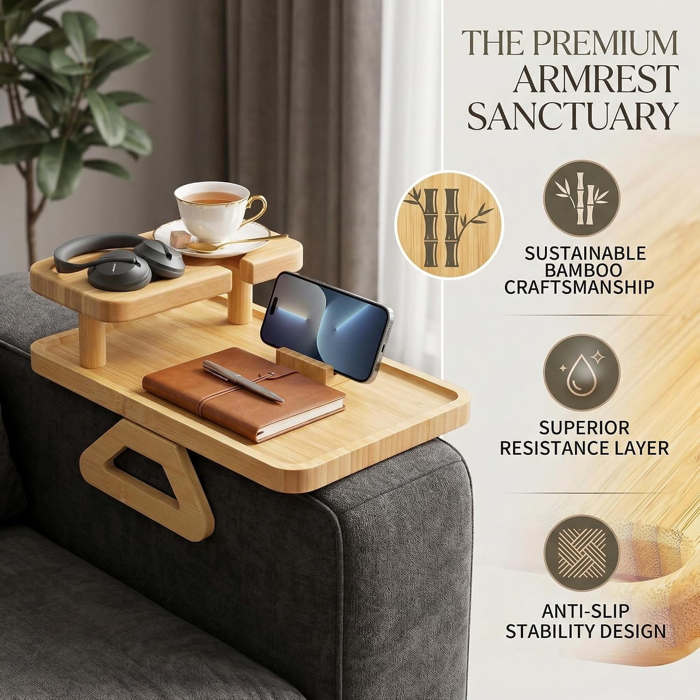 Premium Bamboo Sofa Arm Tray with 360° Swivel Lid & Phone Holder | 3-in-1 Couch Armrest Table with Hidden Storage for Drinks, Snacks, Remote (lid)