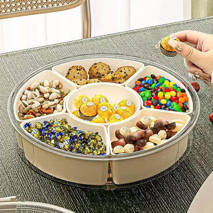 Divided Serving Tray with Lid and Handle,6 Compartments Portable Divided Snackle Box Container,Round Portable Snack Tray Veggie Tray with Lid,Clear Lazy Susan Snack Box for Fruit,Veggie,Candy,Nuts