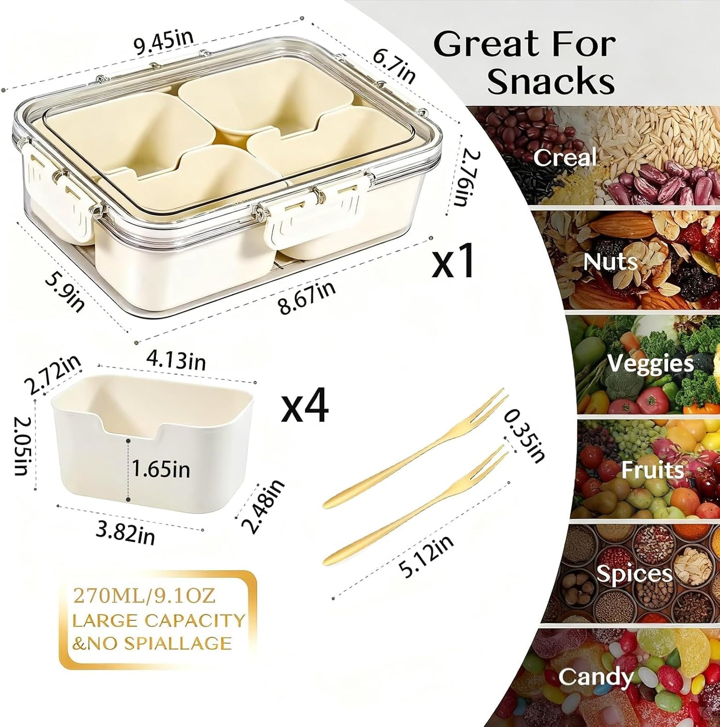 Snackle Box Container, Portable Snack Containers with Lids for Candy, Fruits, Nuts, Veggies, Snacks (White(2 Pack-4 Compartments))
