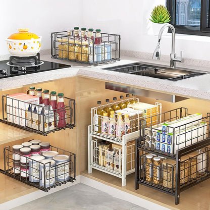 2Pack Wire Storage Bins Baskets,13.8inch Large Foldable Organizer Multipurpose Steel Basket Pantry Storage Bin Rack with Handle for Kitchen Cabinets, Pantry, Freezer, Bathroom,Closets 35x21.5x16 cm
