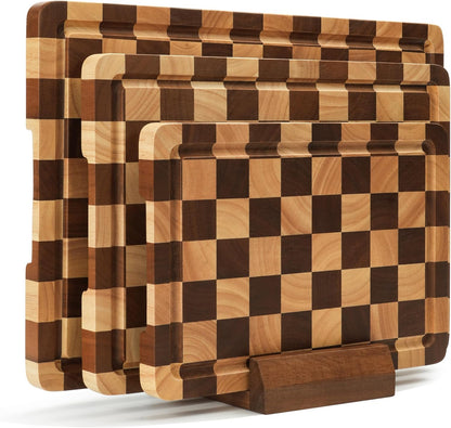 Cutting Board Set of 2 – Checkered Wood & Acrylic Cutting Board with Counter Lip for Kitchen Counter, Wood Checkerboard Chopping Board with Juice Grooves for Vegetables, Fruits, Meat