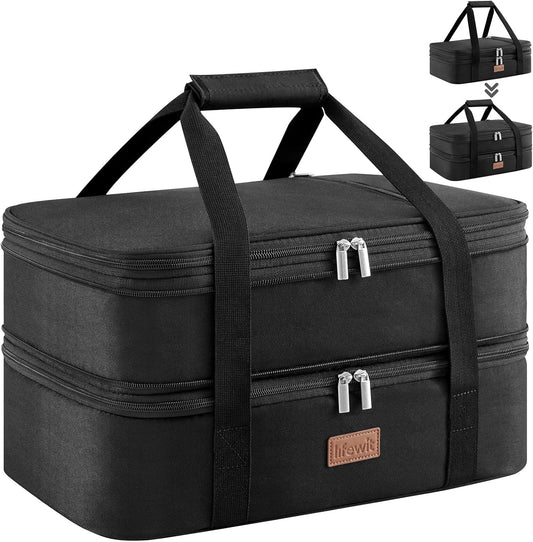 Lifewit Insulated Double Decker Casserole Carrier, Expandable Lasagna Lugger Tote Bag for Hot or Cold Food, Fits 9" x 13" Baking Dish for Potluck Parties, Picnic and Cookouts, Grey-Geometric