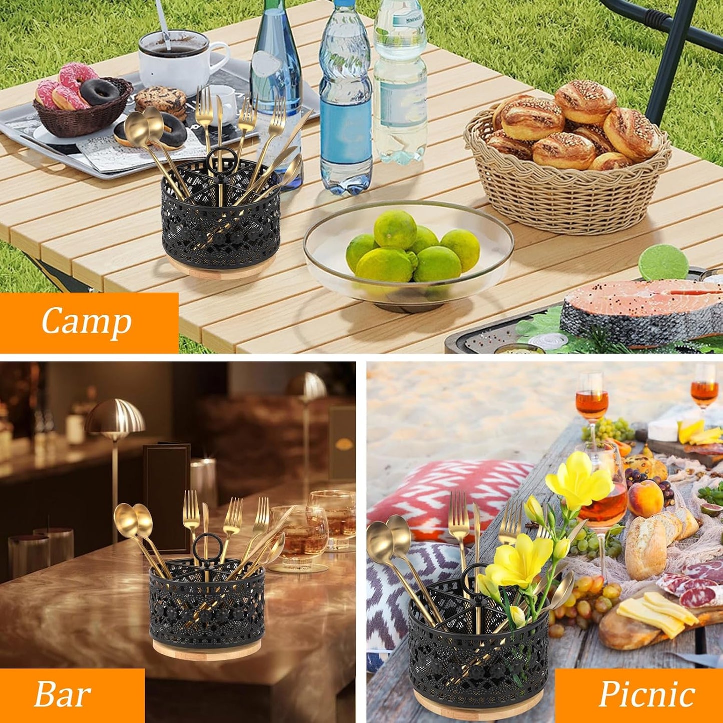 360° Rotating Utensil Caddy Countertop, Cutlery Silverware Caddy Holder with 4 Compartment, Rotation Fork Spoon Napkin Organizer for Party Countertop Buffet Picnic Camping Outdoor