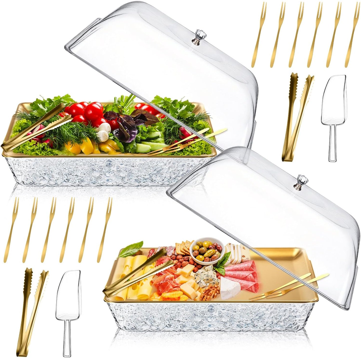 Baderke 1 Set 16" x 9" Chilled Serving Tray for Parties with Compartments and Lid Charcuterie Serving Board Ice Rectangle Chilled Party Platter for Seafood Vegetable Fruit Shrimp Cocktail (Silver)