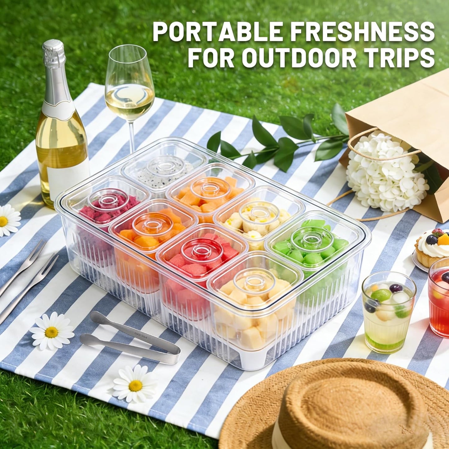 Ice Chilled Condiment Caddy with 8x13.5oz Containers, Large Portable Snack Containers with Lid & Handle, Fruit Veggie Salad Chilled Serving Trays for Party Travel Beach Picnic Outdoor