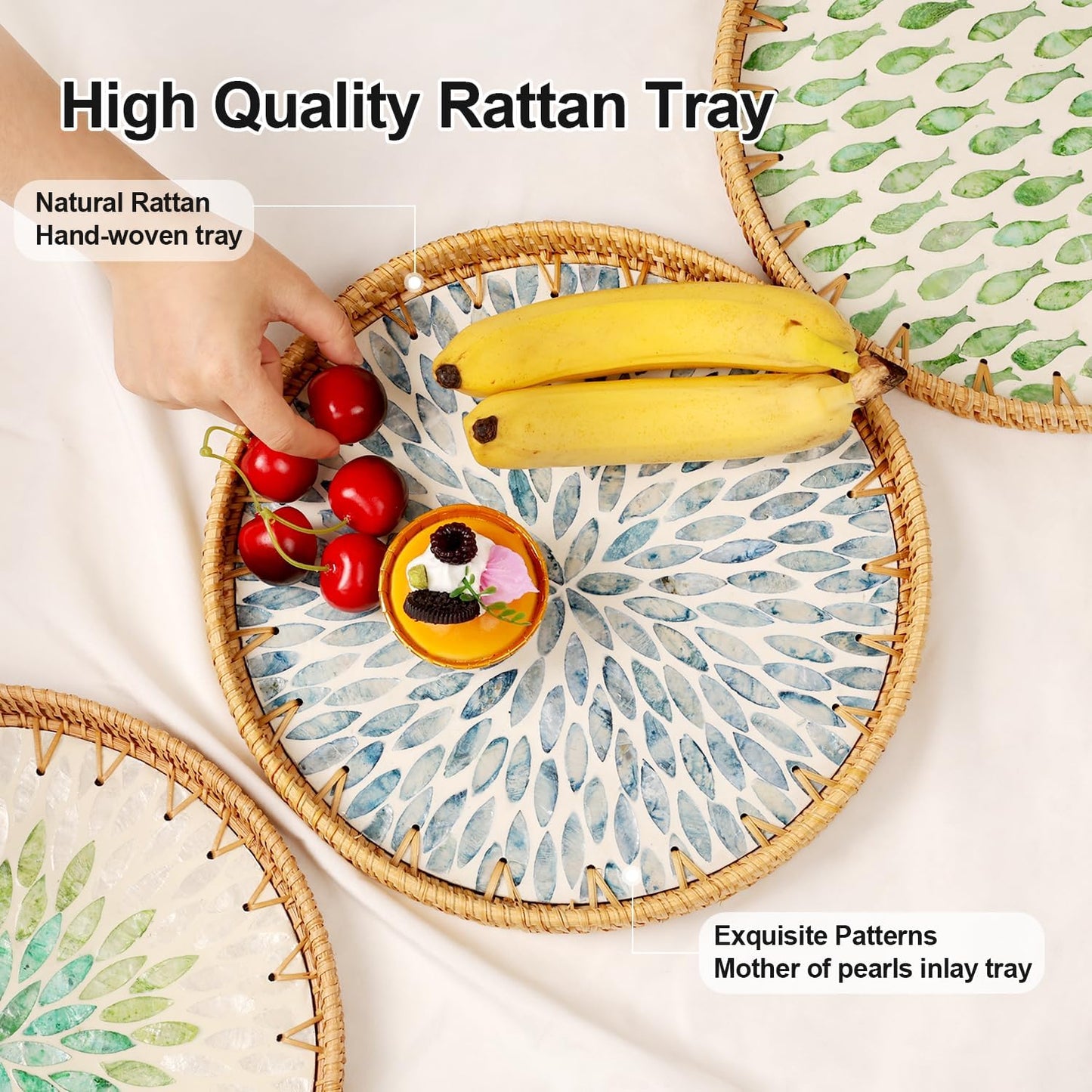 Round Rattan Tray with Mother of Pearl Inlay, Rattan Serving Tray for Coffee, Bread, Fruits, Decorative Wicker Tray for Table Decor, Home Decor, Kitchen Island Decor(Black Checkerboard, 11.8")