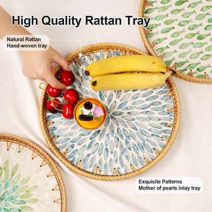 Round Rattan Tray with Mother of Pearl Inlay, Rattan Serving Tray for Coffee, Bread, Fruits, Decorative Wicker Tray for Table Decor, Home Decor, Kitchen Island Decor(Black Checkerboard, 11.8")