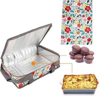 Pioneer Woman Style Insulated Casserole Carrier for Hot or Cold Food, Fits 9x13 Baking Dish,Floral Thermal Lasagna Lugger Tote with Oven Mitts and Pot Holders Set,Gift for Women, Mother's Day.3 PCS