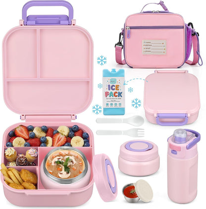 Bento Lunch Box for Kids with 7oz Soup Thermo,Insulated Stainless Steel Kids Water Bottle with Straw and Insulated Lunch Bag,Leak-Proof Lunch Food Container with Ice Pack for School (Purple-Mermaid)