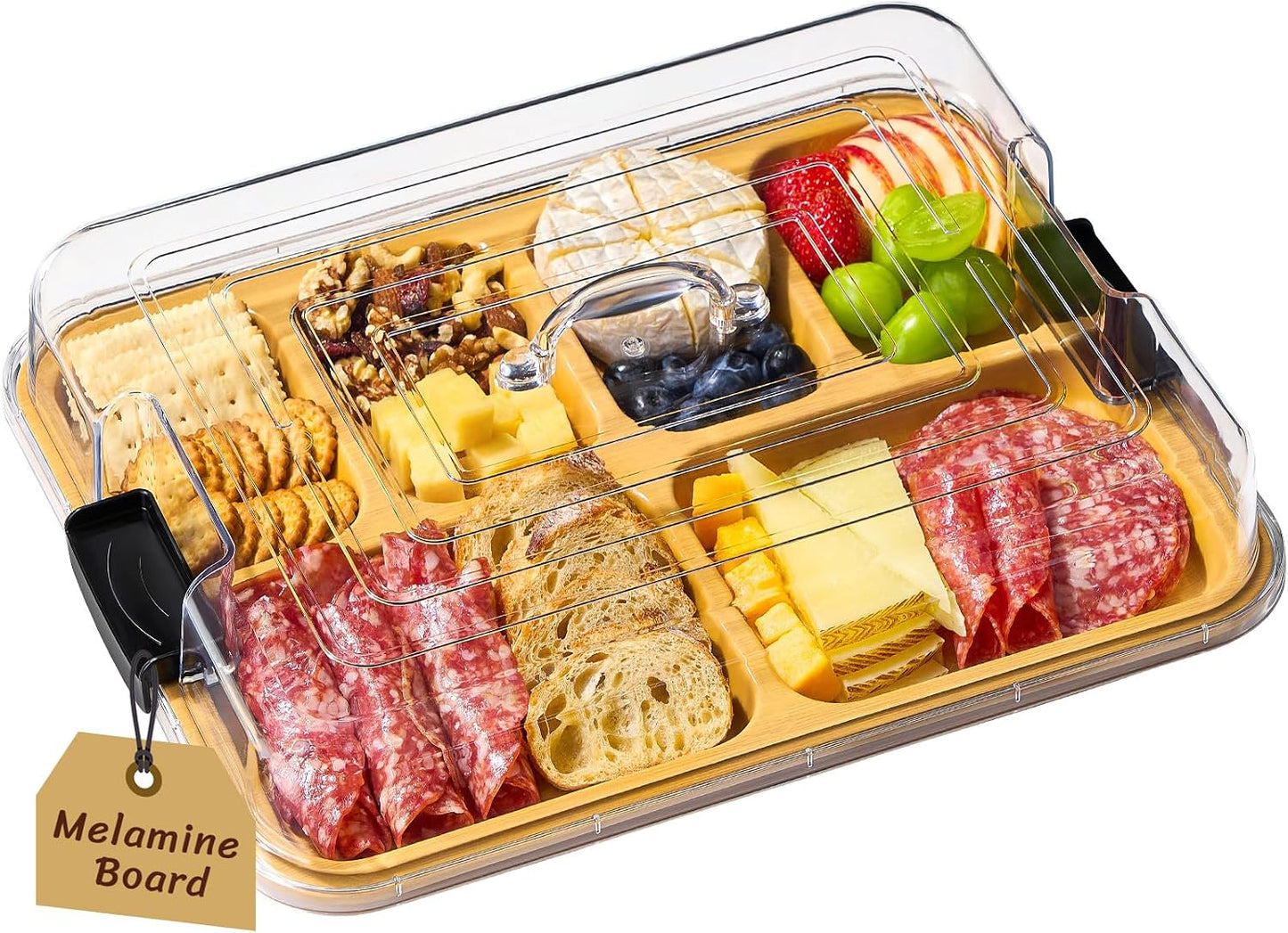 Lifewit 1 Compartment Melamine Charcuterie Board, 11 x 14 Inch Portable Cheese Board with Plastic Lockable Clear Lid, Travel Charcuterie Board Serving Platter with Cover for Snacks, Fruit, Appetizers