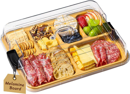 Lifewit 1 Compartment Melamine Charcuterie Board, 11 x 14 Inch Portable Cheese Board with Plastic Lockable Clear Lid, Travel Charcuterie Board Serving Platter with Cover for Snacks, Fruit, Appetizers