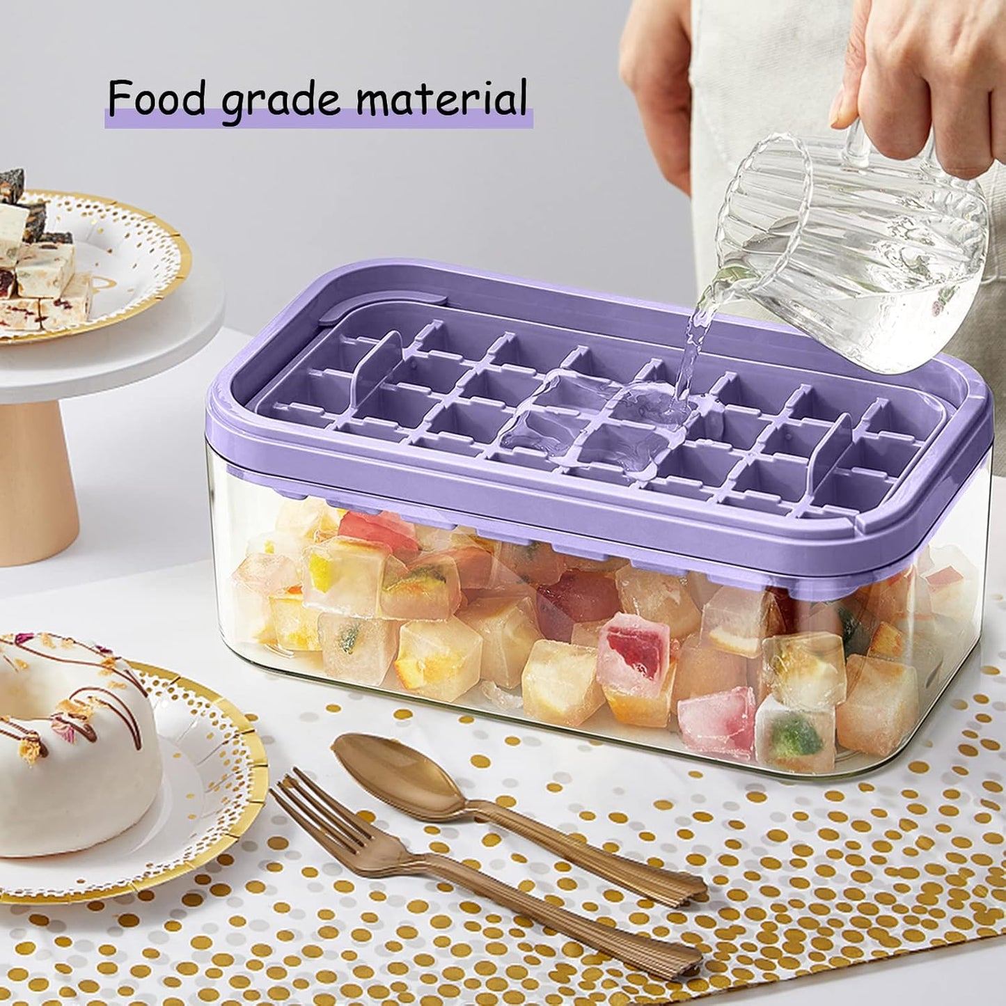 Ice Cube Tray with Lid and Bin, 2 Pack Ice Cube Trays for Freezer, 64 Pcs Ice Cube Mold, Press Button Easy Release Ice Tray, Small Ice Cubes Maker for Drinks(Green)
