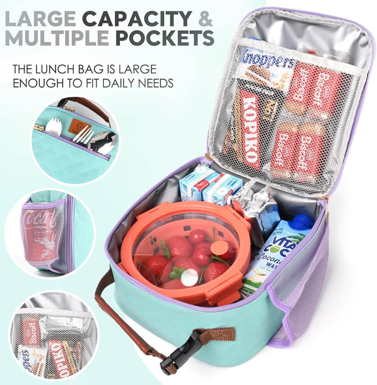 Genteen Kids Lunch Box, Lunch bag for Girls Teen,Insulated Soft Mini Cooler with Bottle Holder, Lightweight Reusable East-Clean LunchBox Back to School-Purple