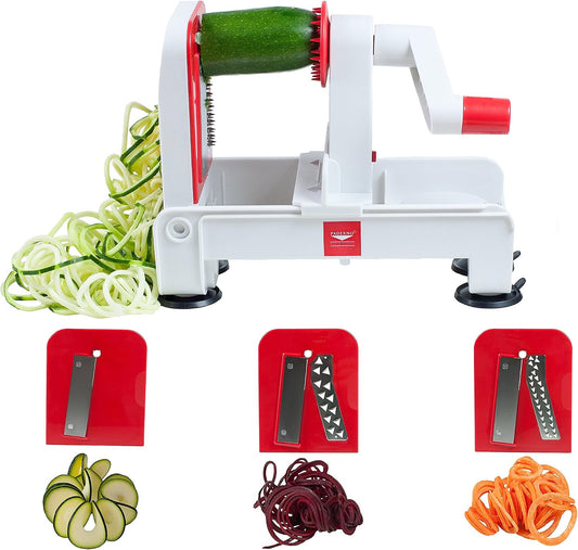 Paderno World Cuisine 3-Blade Folding Vegetable Slicer / Spiralizer Pro, Counter-Mounted and includes 3 Different Stainless Steel Blades