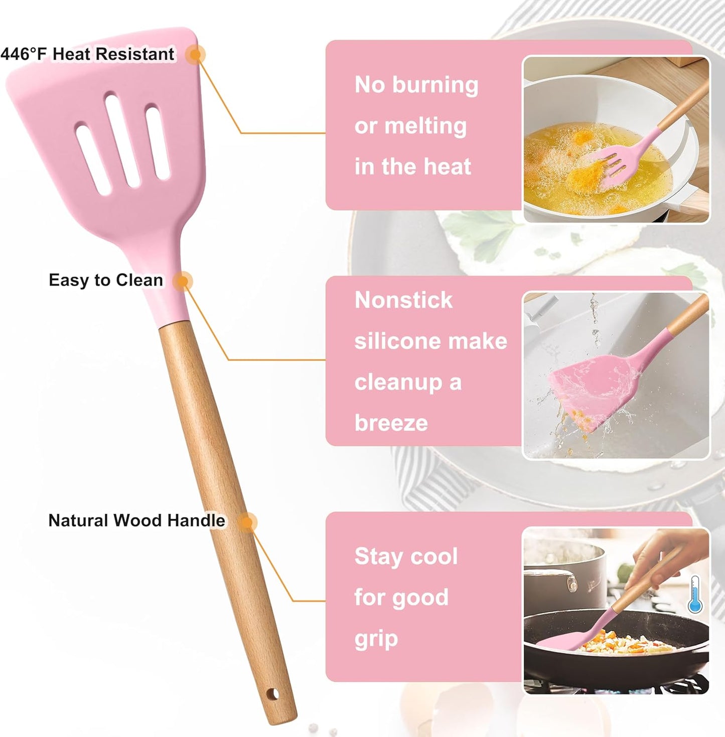 E-far Silicone Cooking Utensils Set, 5-Piece Kitchen Utensils Set with Wooden Handle for Cooking, Silicone Kitchen Nonstick Tools Spatula Turner Slotted Spoons, Nontoxic & Heat Resistant-Khaki