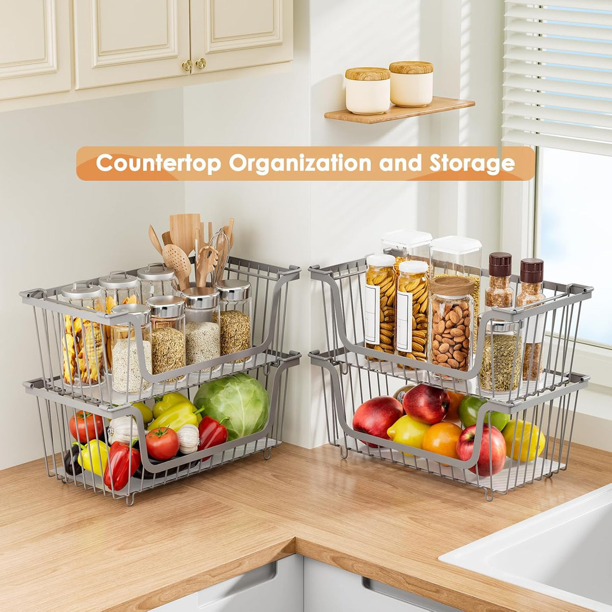 4 Pack Stackable Wire Baskets with Handles for Pantry Organizers and Storage, Fruit and Vegetable wire storage baskets, Potato and Onion Storage Bin, Metal Baskets for Organizing Snacks, Cans (White)