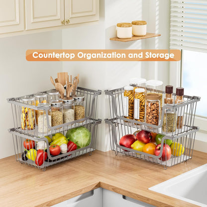 4 Pack Stackable Wire Baskets with Handles for Pantry Organizers and Storage, Fruit and Vegetable wire storage baskets, Potato and Onion Storage Bin, Metal Baskets for Organizing Snacks, Cans (White)