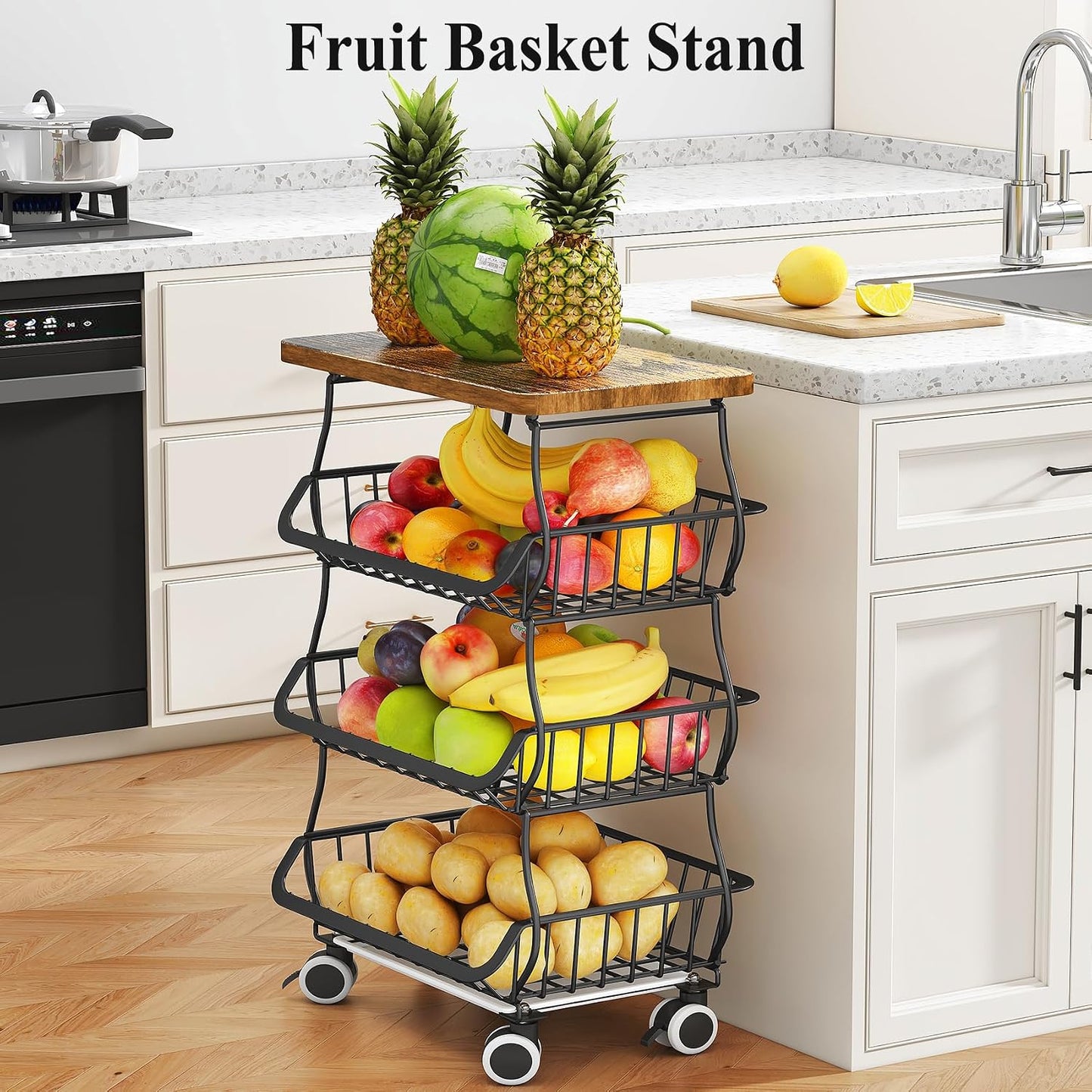SAYZH Fruit Basket Kitchen Pantry Organizers and Storage - Wooden Top Table, Stackable Metal Wire Basket Stand Cart for Fruit Vegetable Snacks Onion Potato Organization (White, 5 Tiers)
