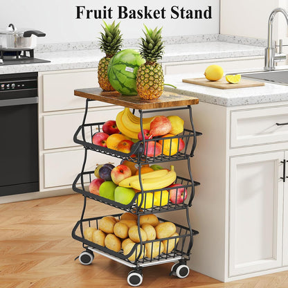 SAYZH Fruit Basket Kitchen Pantry Organizers and Storage - Wooden Top Table, Stackable Metal Wire Basket Stand Cart for Fruit Vegetable Snacks Onion Potato Organization (White, 5 Tiers)