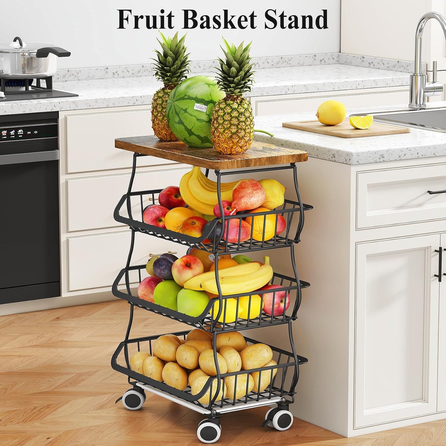 SAYZH Fruit Basket Kitchen Pantry Organizers and Storage - Wooden Top Table, Stackable Metal Wire Basket Stand Cart for Fruit Vegetable Snacks Onion Potato Organization (Black, 5 Tiers)