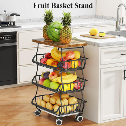 SAYZH Fruit Basket Kitchen Pantry Organizers and Storage - Wooden Top Table, Stackable Metal Wire Basket Stand Cart for Fruit Vegetable Snacks Onion Potato Organization (Black, 5 Tiers)