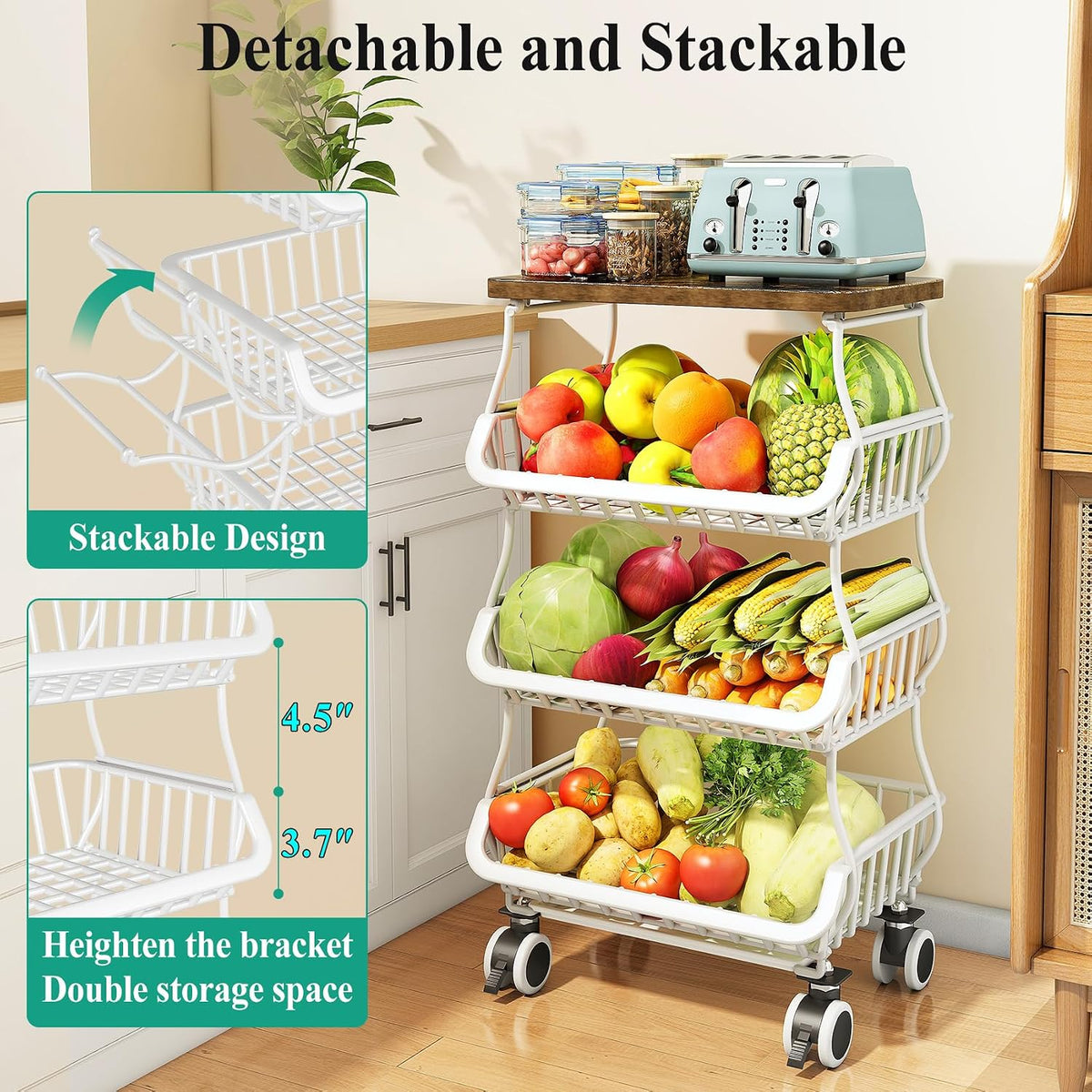 SAYZH Fruit Basket Kitchen Pantry Organizers and Storage - Wooden Top Table, Stackable Metal Wire Basket Stand Cart for Fruit Vegetable Snacks Onion Potato Organization (Black, 5 Tiers)