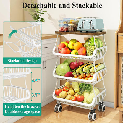 SAYZH Fruit Basket Kitchen Pantry Organizers and Storage - Wooden Top Table, Stackable Metal Wire Basket Stand Cart for Fruit Vegetable Snacks Onion Potato Organization (Black, 5 Tiers)