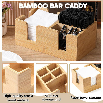 Mifoci Wooden Bar Caddy with 6 Compartments, Acacia Wood Bar Caddy Napkin & Straw Holder Organizer Cocktail Napkin Holder Condiments for Home Office Kitchen Countertop (Brown, 10.6 L x 5.5 W)