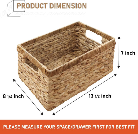 2-Pack Handwoven Water Hyacinth Storage Baskets with Handles, Wicker Bins for Pantry Organization, Shelf or Closet Organizer, Decorative Boho Rectangular Basket 13.5" x 8"