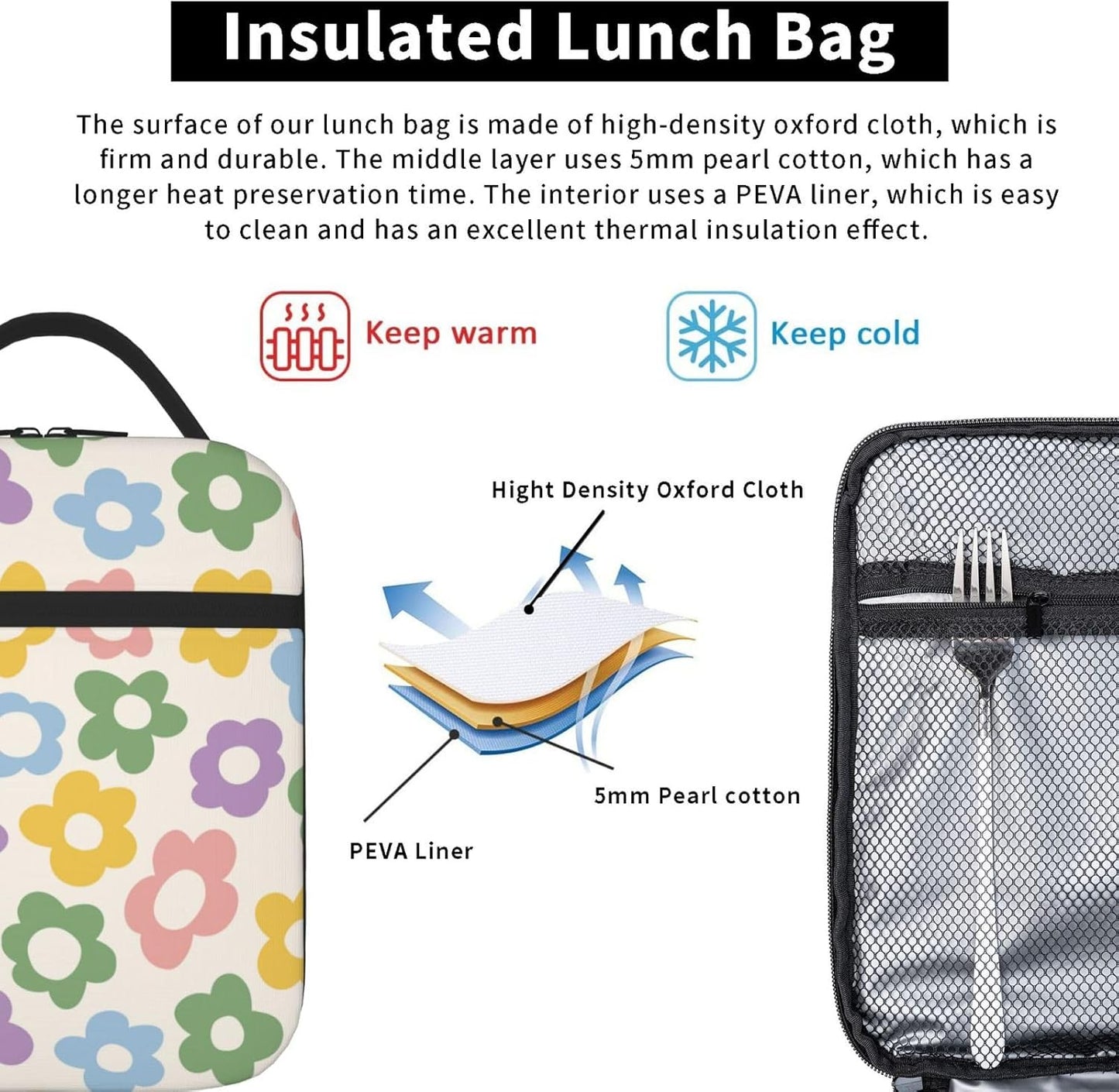 70s Retro Mushroom Floral Insulated Lunch Bag Reusable Cooler Lunch Box Portable Leakproof Thermal Container Tote Bags for Girls Boys School Travel