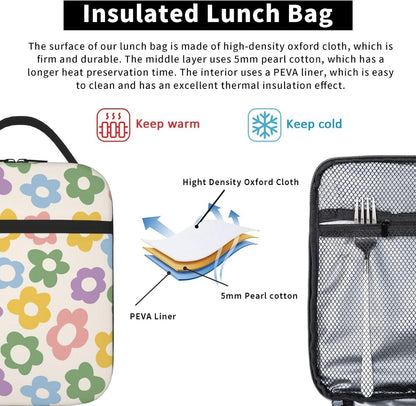 70s Retro Mushroom Floral Insulated Lunch Bag Reusable Cooler Lunch Box Portable Leakproof Thermal Container Tote Bags for Girls Boys School Travel