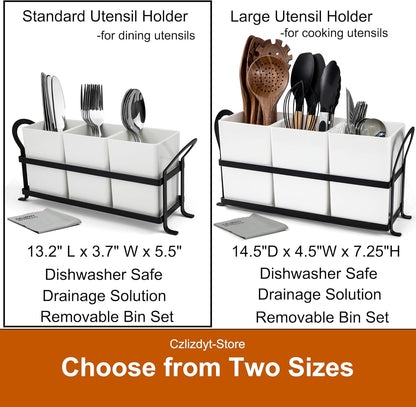 Czlizdyt Cutlery Holder with Drain Holes, Silverware Caddy for Party Countertop, 3pcs Bins Set Utensil Holders for Spoon and Fork, White