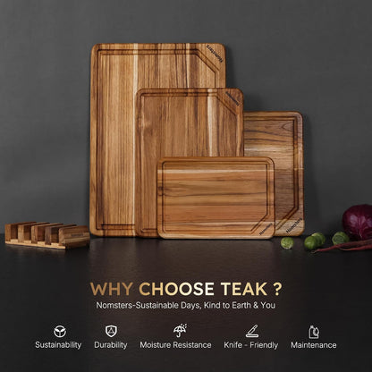 3 Pack Teak Wood Cutting Board Set with Holder Non Slip Over Sink Wooden Chopping Board for Fresh Meat Vegetable Thick Haus Perfect for Charcuterie Juice Groove Kitchen Accessories - FSC Certified