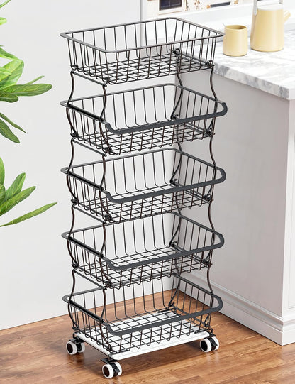 OKZEST 3-Tier Rolling Pantry Floor Organizer and Storage Cart with Wheels, Stackable Wire Pantry Baskets for Pantry Shelves, Kitchen Storage Rack and Fruit Basket Stand for Fruit Snack Onion Potato