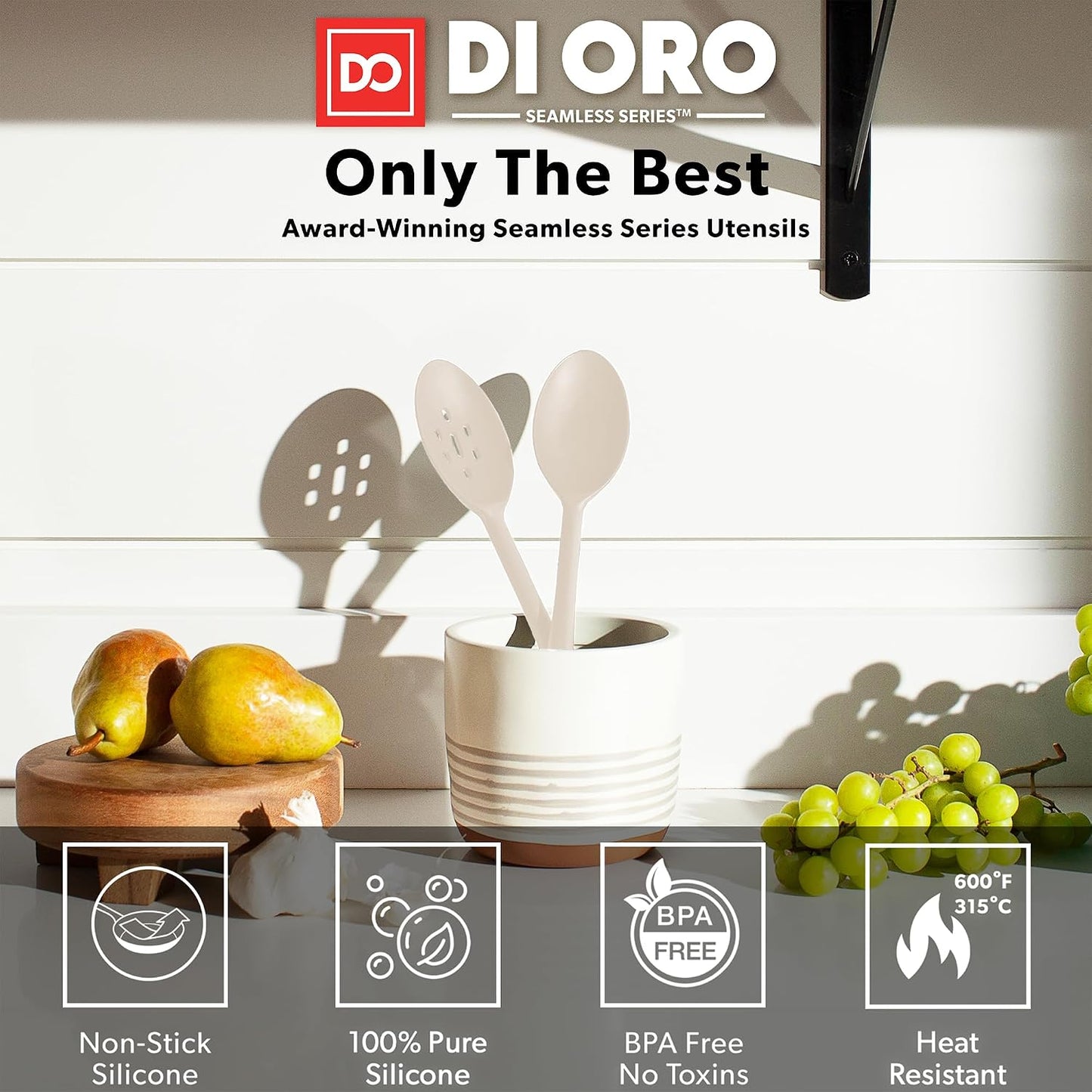 DI ORO Silicone Spoons for Cooking - Large Kitchen Spoons for Mixing, Serving, & Stirring - 600°F Heat-Resistant Non Stick Utensils – Big Solid & Slotted - Dishwasher Safe (2pc, Black)